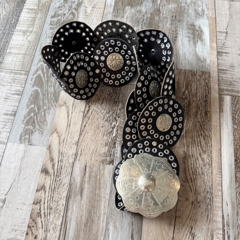 Vintage Western Concho Belt Black Leather Studded Boho Southwestern